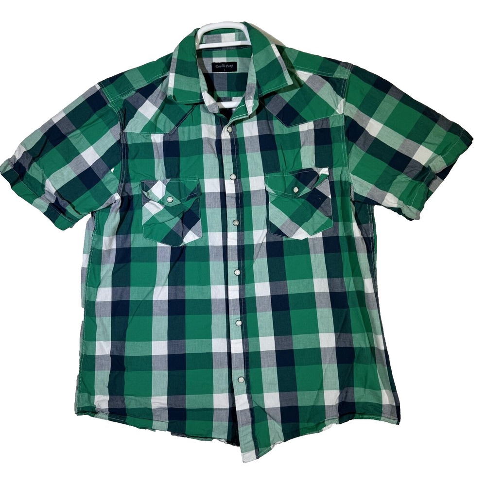 Double Pump Men's Shirt L Green Plaid Western Pearl Snap Short Sleeve Cotton